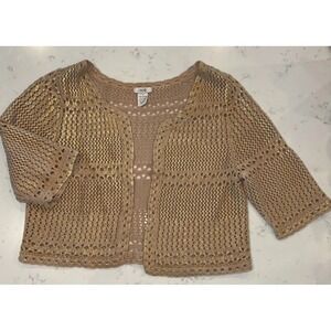 Cache‎ Gold Metallic Short Sleeve Cardigan Size Large 100% Cotton Crochet EUC